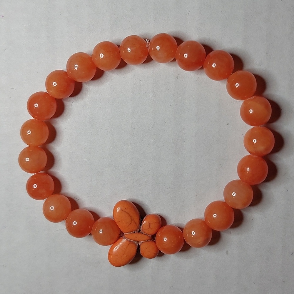 Reconstituted Howlite stone Butterfly/Orange Jade stone 8mm round bead bracelet